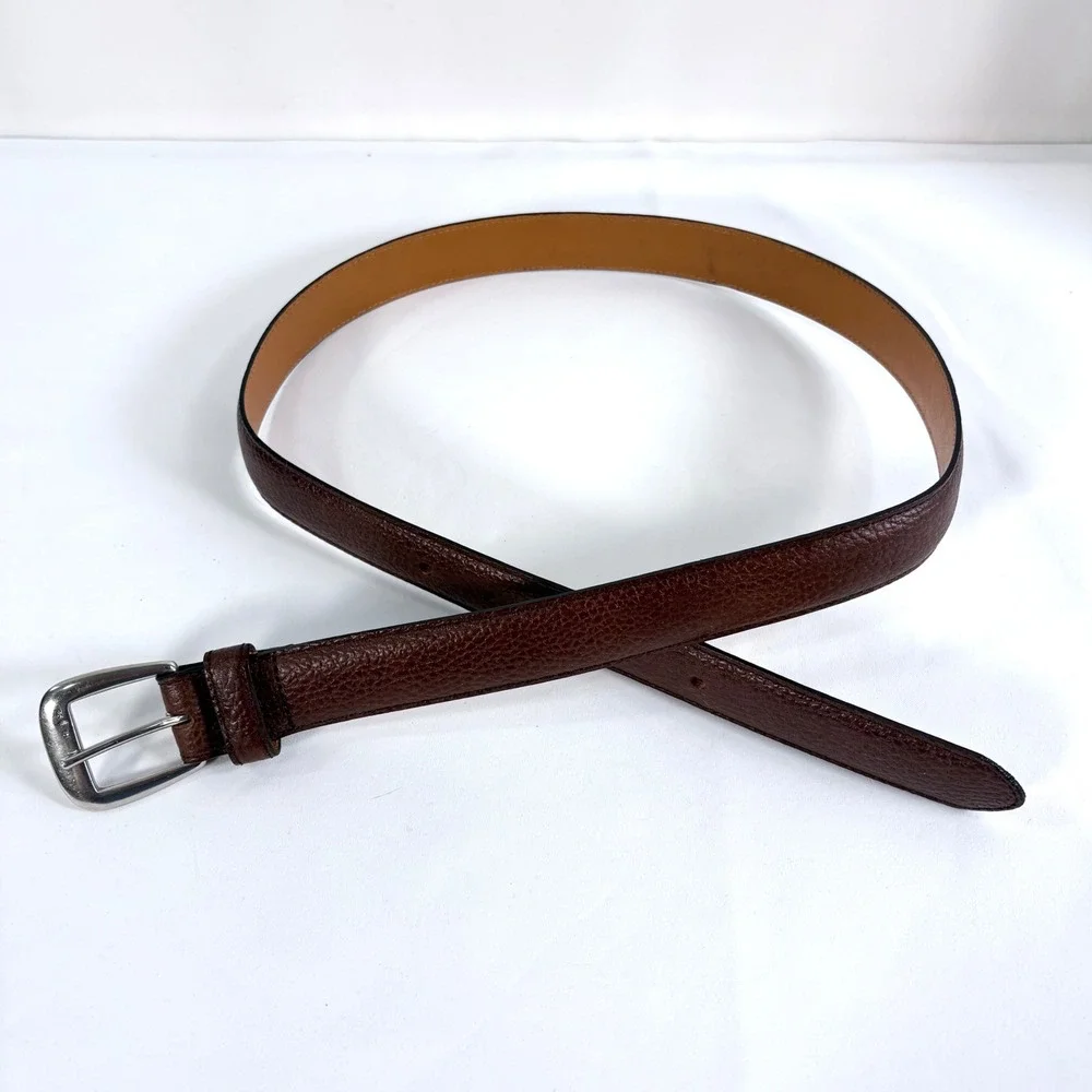 Polo Ralph Lauren Belt Brown Pebble Grain Leather Silver Buckle Mens 34 Vintage